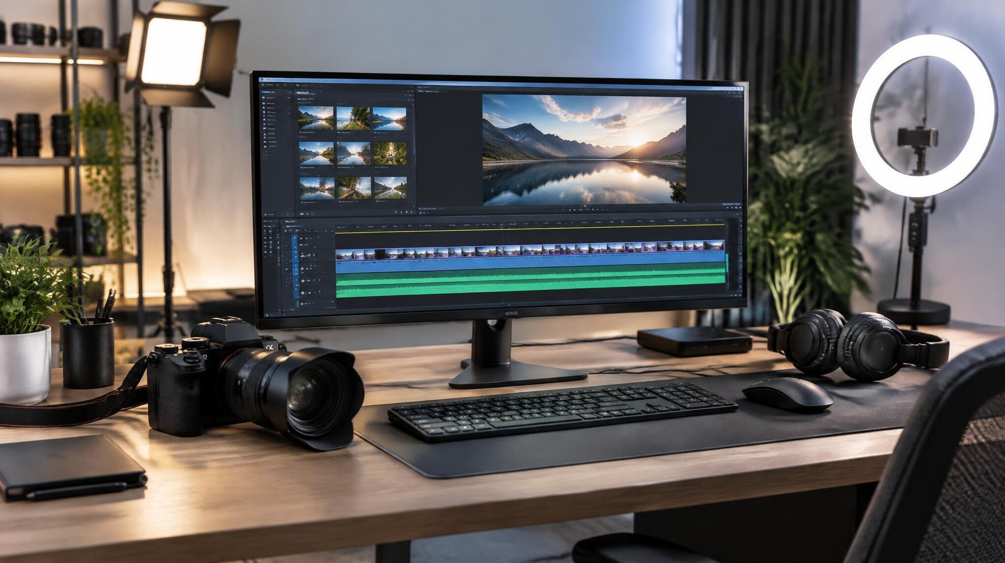 Video editing desk with camera and monitors showing a timeline